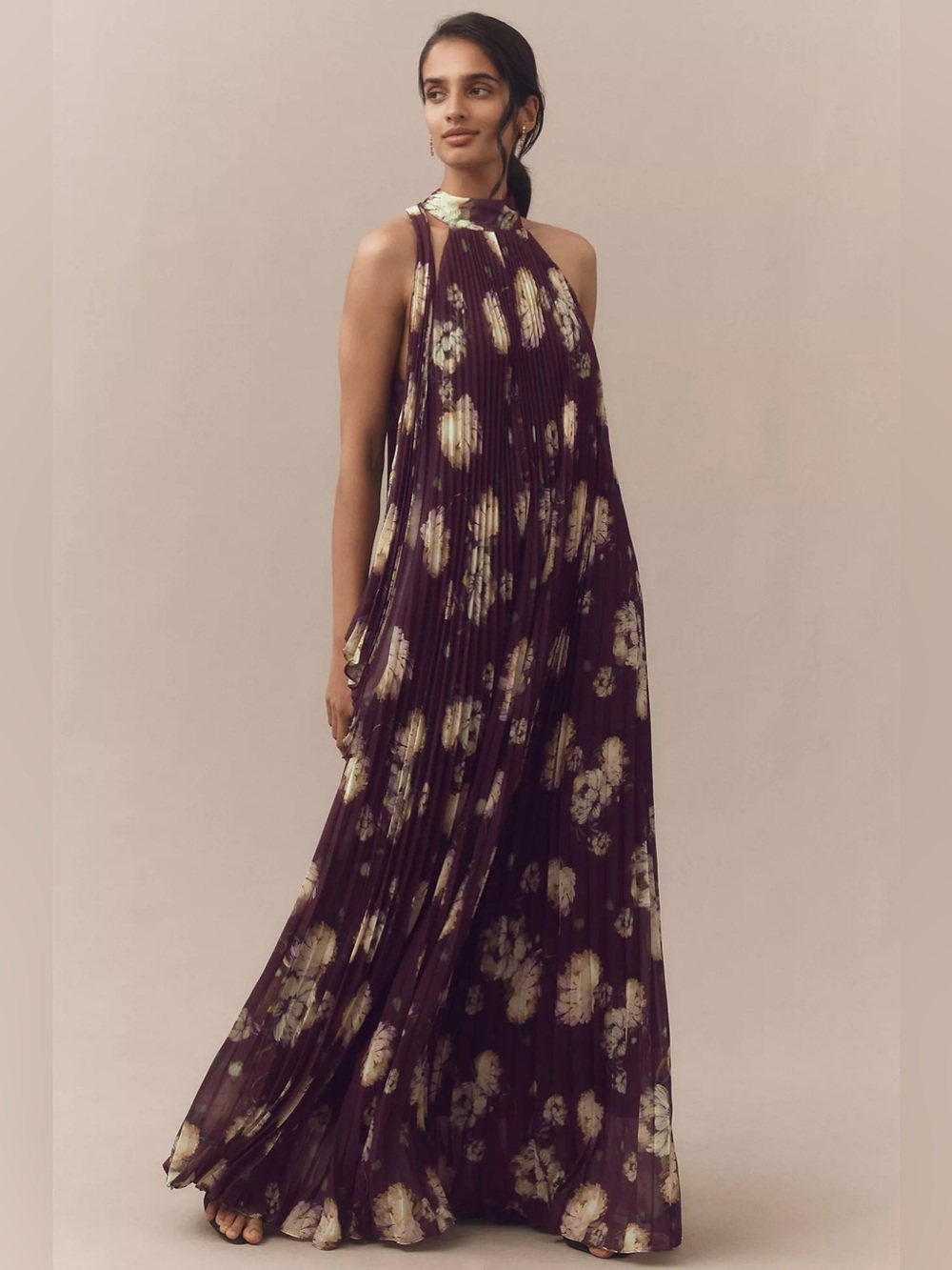 Anthropologie BHLDN Plum Floral Halter Maxi Dress size XS
